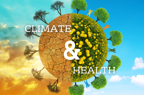 Climate change and health logo showing a globe with trees and people.